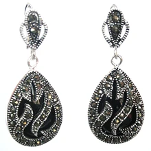 11/" последняя тенденция 925 Серебро И Марказит инкрустация Черный Камень Серьги капли воды 5,29