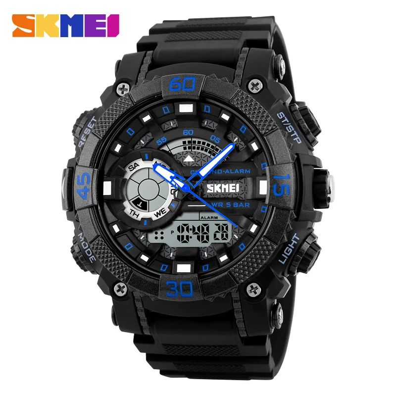 SKMEI модные спортивные часы для мужчин 5 бар водонепроницаемый светодиодный цифровые наручные часы для улицы Мужские кварцевые аналоговые Relogio Masculino 1228 - Цвет: Blue