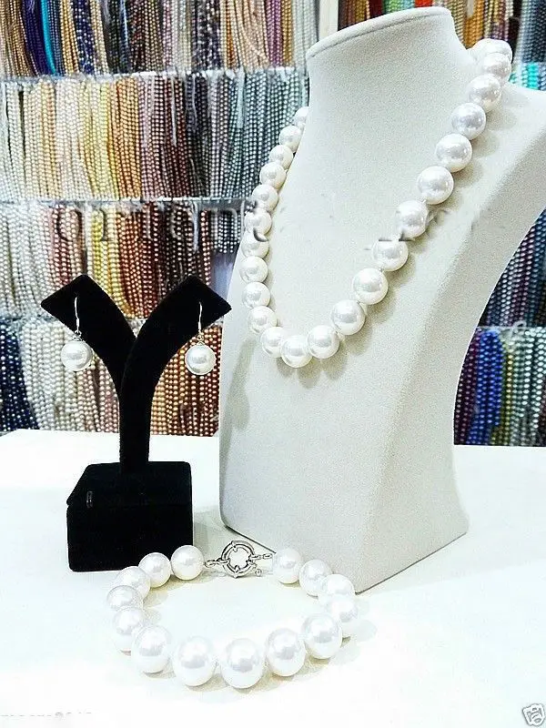 

Hot selling> Big 14mm round White South Sea Shell Pearl Necklace Bracelet Earring Set NEW -Bride jewelry free shipping