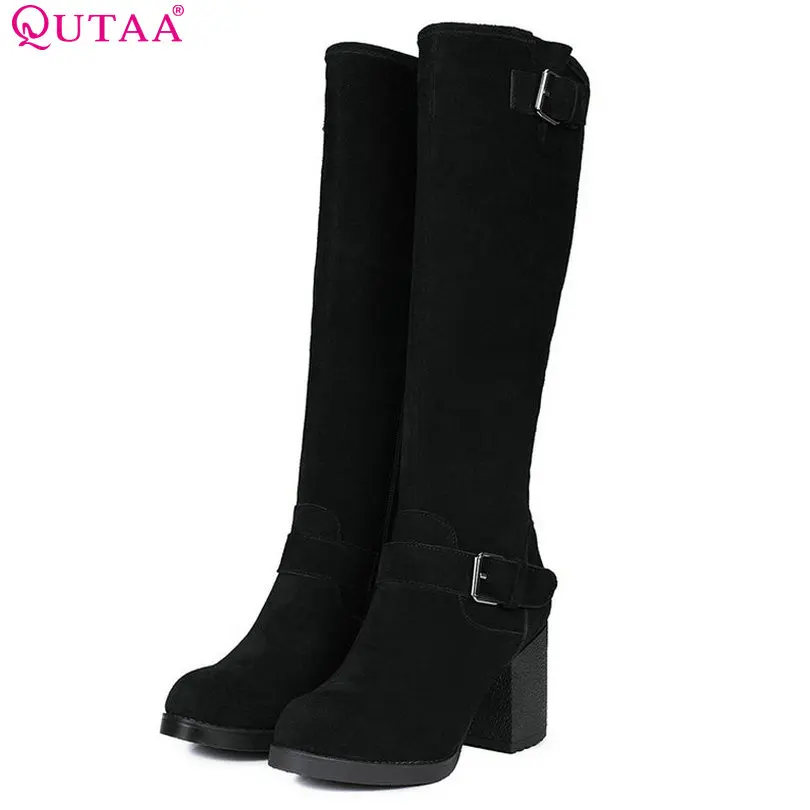 

QUTAA 2018 Women Knee High Boots Zipper Design Square High Heel Round Toe Westrn Style Black Women Afshion Boots Size 34-39