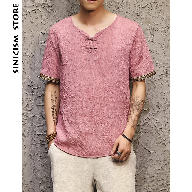

Sinicism Store 2018 Men Cotton Linen Short Sleeve T Shirt Summer Thin Chinese Traditional Clothes Button Male Vintage t-Shirt