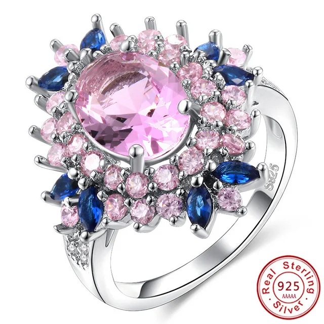 

3.0Ct Fasion Real Solid 925 Sterling Silver Ring Women Gift AAA Multi Color Zircon Jewelry Blue Pave flower Wedding Silver Rings