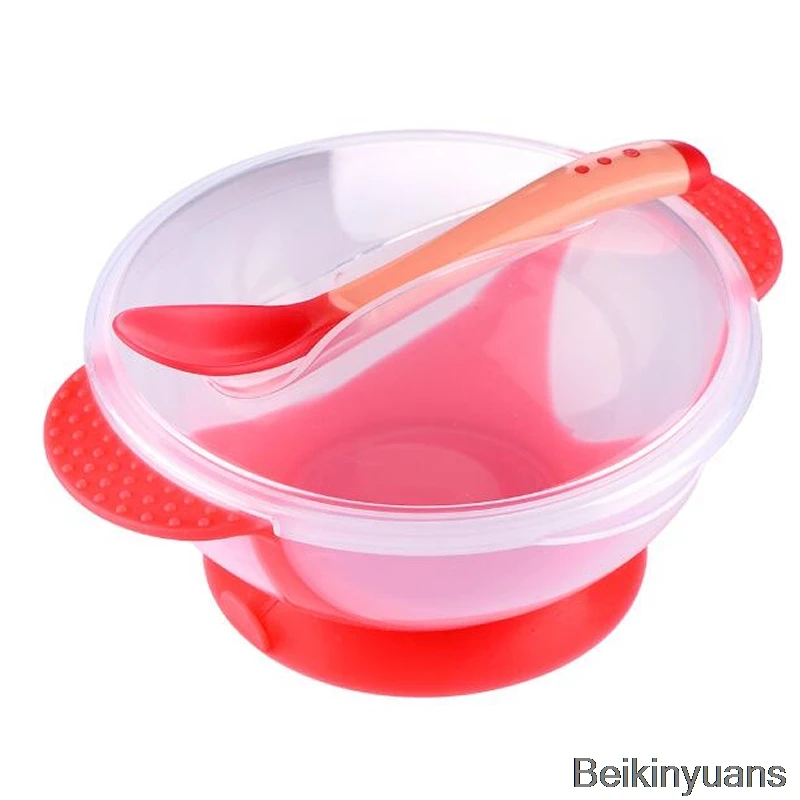 Детские столовые приборы 3 шт./компл. чаша для присоски посуда ложка с датчиком температуры детское питание для кормления безопасная миска посуда - Цвет: red cover spoon