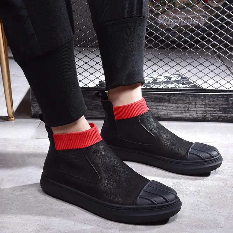 Chaud Bottes Martin Rétro Vache Hommes Respirant Velvet Véritable Cuir allumette Chaussures Haute Black noir Velours De Tout Mâle Sneaker 6ZXwx8