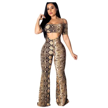 

Fashion 2019 Summer Women Snake Skin Print Set Sexy Crop Tops Two Pieces Set Spaghetti Straps Wide Leg Pants Set