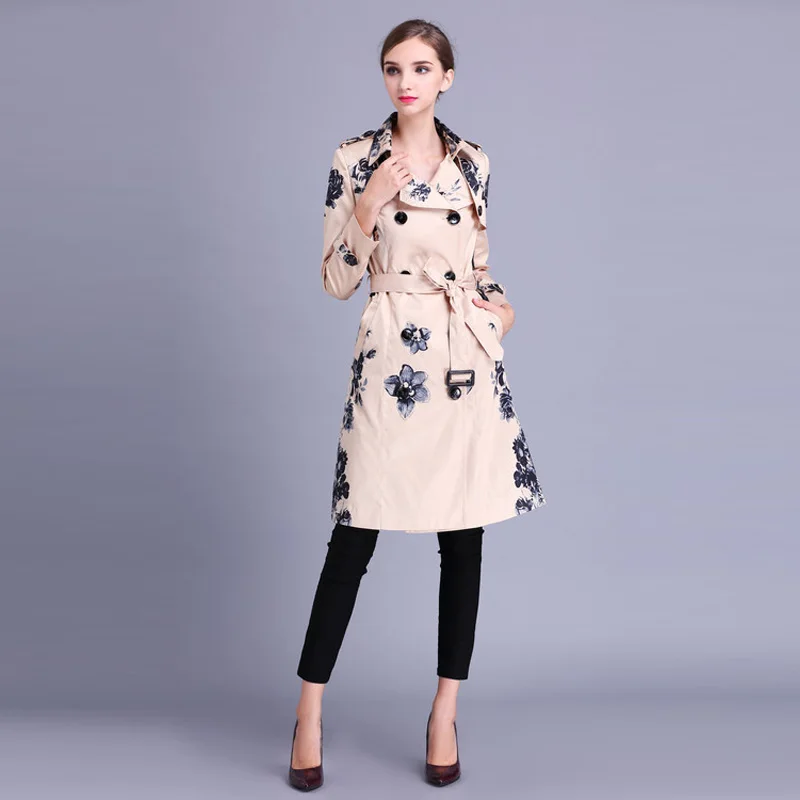 Manches Imprimer Turn 2017 Avec down Automne Double Boutonnage Pleine Collar Manteau Mode Fleurs Ceintures Long Des Date L'europe Femmes Kaki De 01nxgPO