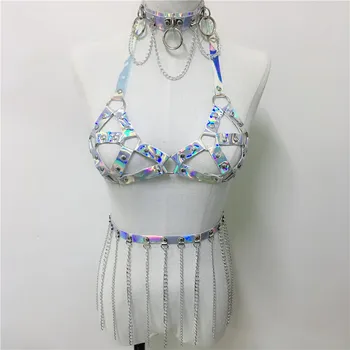 

Goth Holographic Garter Set Sexy Collar Harness Choker Hollow Out Bra Garter Sexy Bondage Waist Belt Party Club Matching Sets
