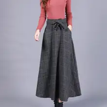 Винтажная клетчатая Женская юбка, осенняя, английский стиль, высокая талия, шерстяная юбка, миди длина, элегантная, размера плюс, для девушек, трапециевидная юбка, DF925