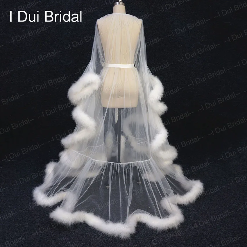Ivory Feather Bridal Robe Tulle Illusion Long Wedding Scarf Made Feather Birthday Robe Intimate Apparel