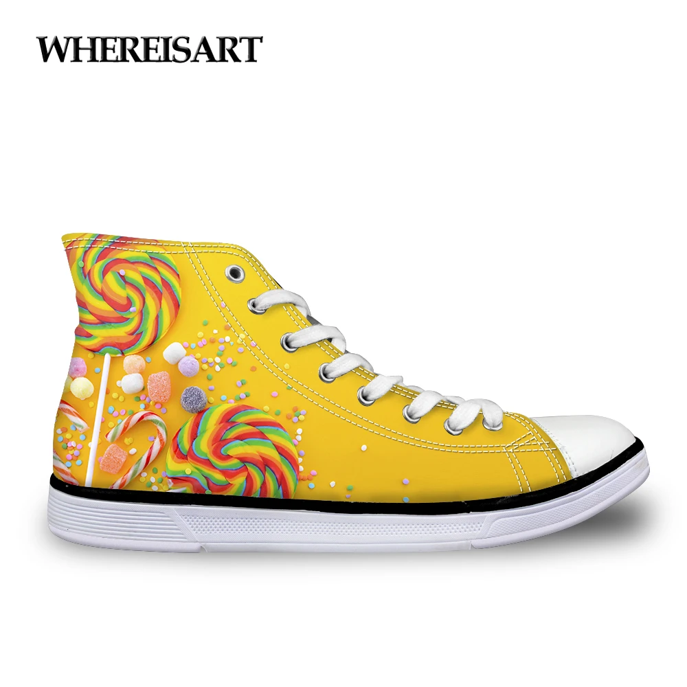 

WHEREISART Canvas Shoes Woman 3D Lollipop Printed Women 's High Top Casual Vulcanized Shoes Lace-up Leisure Shoes for Ladies