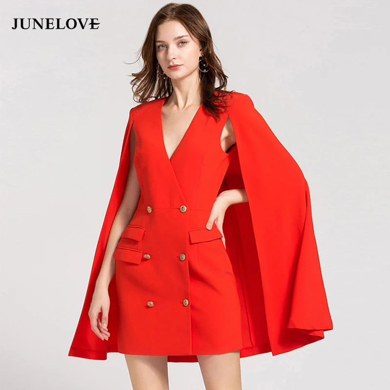 

JuneLove New Arrivals Women Formal Cloak Sleeve Mini Dress Sexy Elegant Runway Dress Gold Button Celebrity Party Dress Vestidos