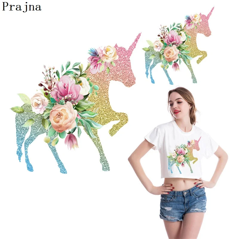 

Prajna New Unicorn Flower Animal PVC Patch Ironing Heat Transfer Patches Clothes Garment DIY Applique Ironing Sticker Transfer