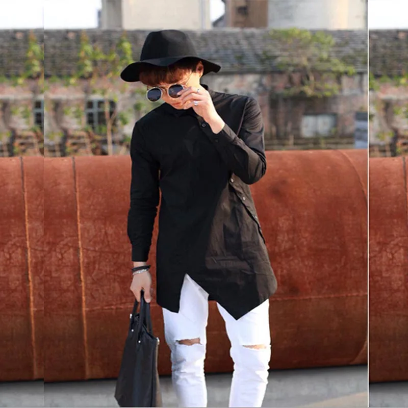 

Men's Trendy Stylish Avant-Garde Asymmetric Unbalance Long Slim Tee Shirts Tops Mens Clothing