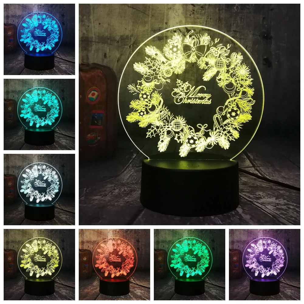 Новинка новогодний Рождественский венок 3D светодиодный RGB Ночной светильник USB