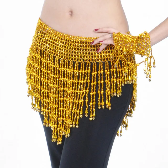 Women Bellydance Clothes Tassel Hip Scarf Belly Dance Elastic Wrapped Belt with Gold/silver Beaded Fringes Gold small bells