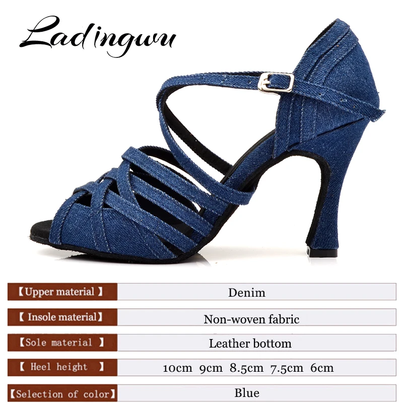 Ladingwu Women Dance Shoes Latin Salsa Tango Blue Denim Dance Shoes Woman's Ballroom Paty Profession Dance Shoes Cuban heel 9/10 4