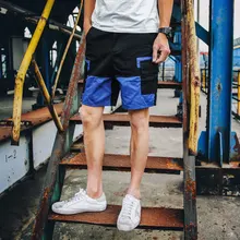 Летние Для мужчин s шорты боковые карманы Дизайн лоскутное Цвет Повседневное короткие Для мужчин по колено свободные шорты-карго Для мужчин плюс Размеры 5XL-M синий