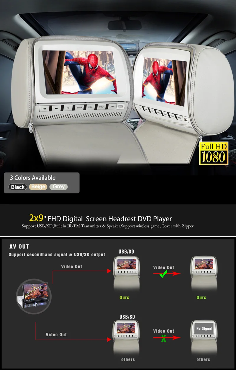 XST 2PCS 9 Inch Car Headrest Monitor MP5 DVD Video Player 800x480 Zipper Cover TFT LCD Screen IR/FM/USB/SD/Speaker/Game