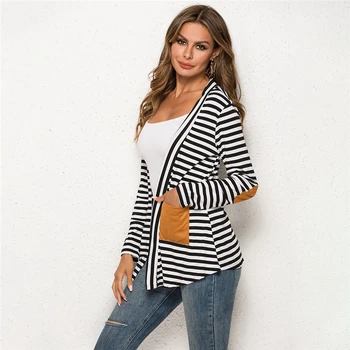 

Harajuku Spring Cardigan Women Long Sleeve Striped Printed Casual Elbow Patchwork Knitted Sweater Autumn Pocket Outerwear