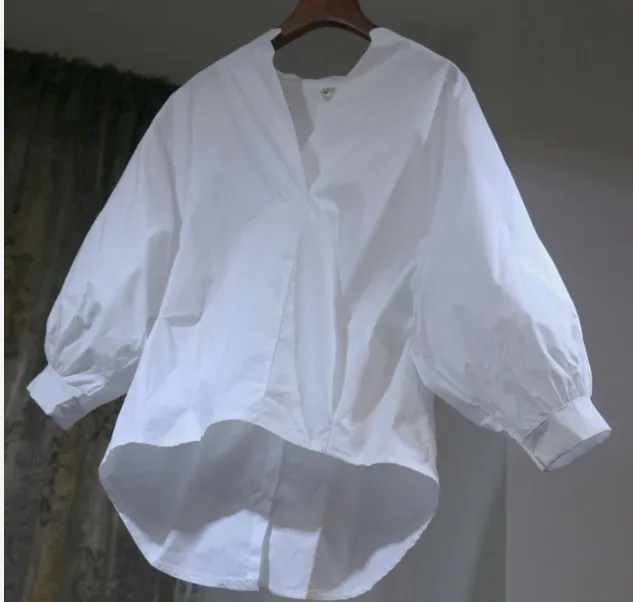 

2018 New Spring Summer Women's Pure Color Irregular Blouse Ladies Simple V Collar Lantern Sleeve Loose Shirt Casual Tops