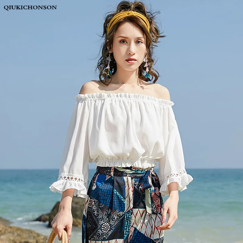 

Ruffle Off Shoulder Crop Tops Ladies Summer Bohemian Hollow Out High Waist Design Seven Sleeve Chiffon Blouses Women blusas