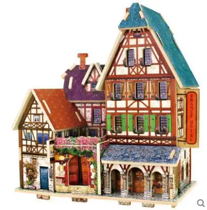 

New Arrival 3D Puzzles Wood House France Hostel Hotel Building Educational Toys Christmas Kid's Present New Year Gift