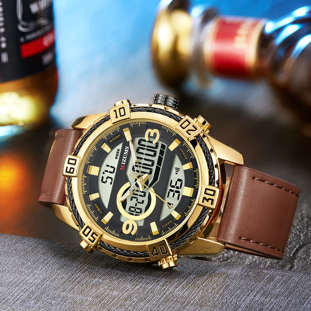 Mens Watches Top Luxury Brand Men Leather Sports Watches MIZUMS Men's Quartz LED Digital Clock Waterproof Military Wrist Watch 2019 New montre hommes (10)