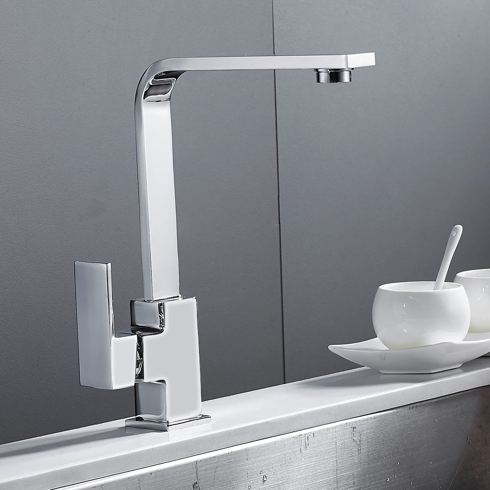 Chrome Square Kitchen Faucet Sink Mono Bloc Single Lever Swivel Spout Brass Cold Hot Mixer Water Tap Kitchen Sink Faucet