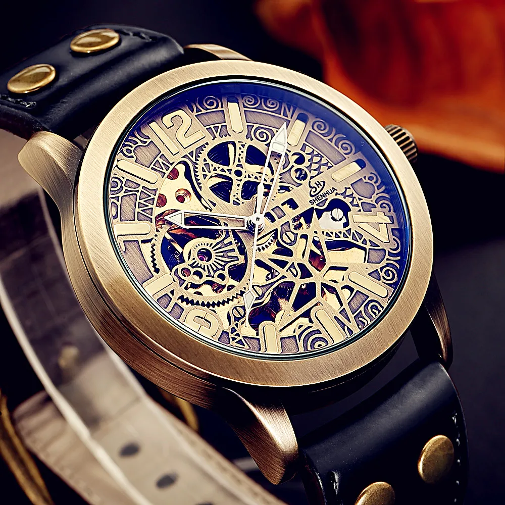 Luxury Brand Hollow carved Men's Retro Bronze Automatic Watches Skeleton Black Leather Mechanical Wristwatch Relogio Masculino