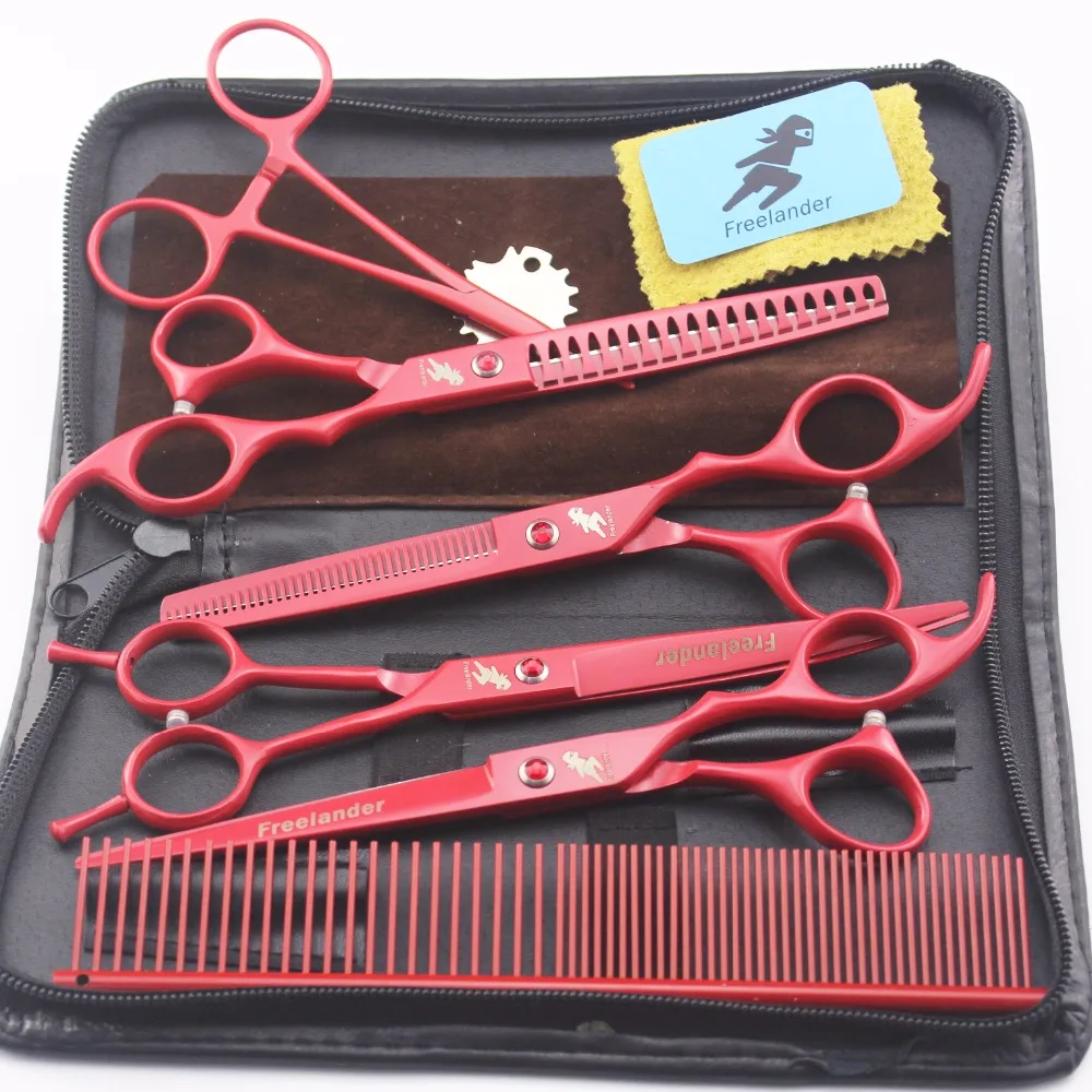 

7 "Professional pet grooming kit, direct and thinning scissors and curved pieces 4 pieces. ,technicolor red