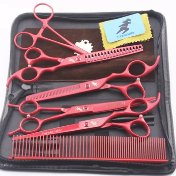 

7 "Professional pet grooming kit, direct and thinning scissors and curved pieces 4 pieces. ,technicolor red