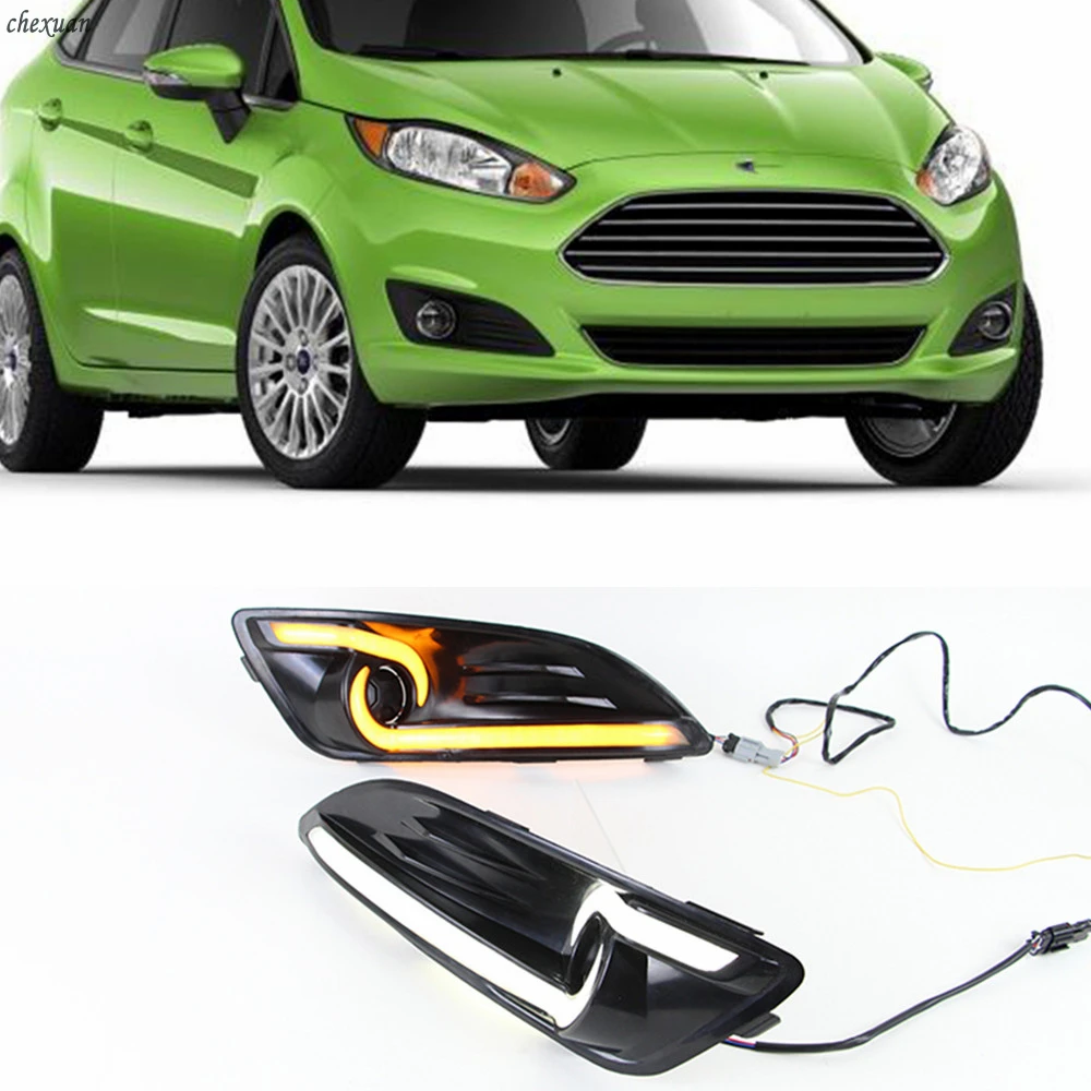 

CSCSNL 1 Set LED DRL Daytime Running Lights For Ford Fiesta 2013 2014 2015 2016 Fog Lamp Cover With Yellow Turn signal Lights