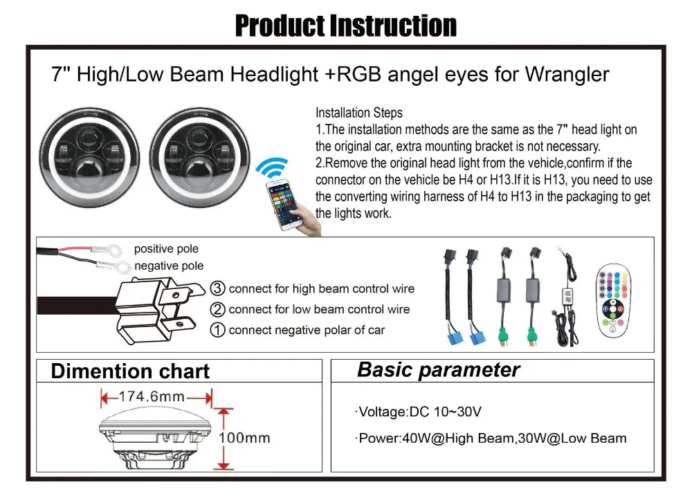 7 Led Headlight With Bluetooth Control Rgb Halo Drl H L For