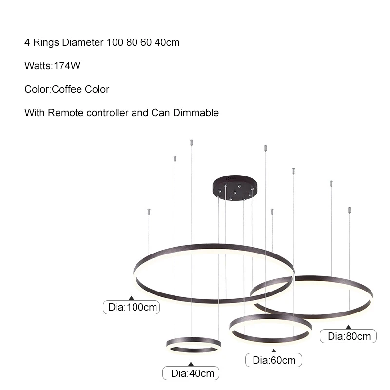 Современный светодиодный подвесной светильник с кольцом, модный круглый светодиодный подвесной светильник, светильник для гостиной, столовой, кухни, отеля, интерьерный светильник ing - Цвет корпуса: 100 80 60 40