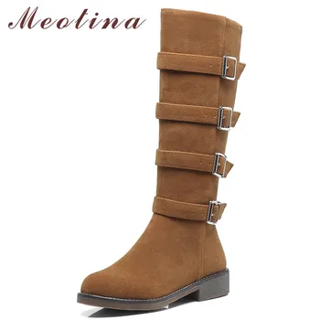 

Meotina Winter Knee High Boots Women Buckle Thick Heel Long Boots Zipper Round Toe Tall Shoes Female Autumn Green Big Size 33-43