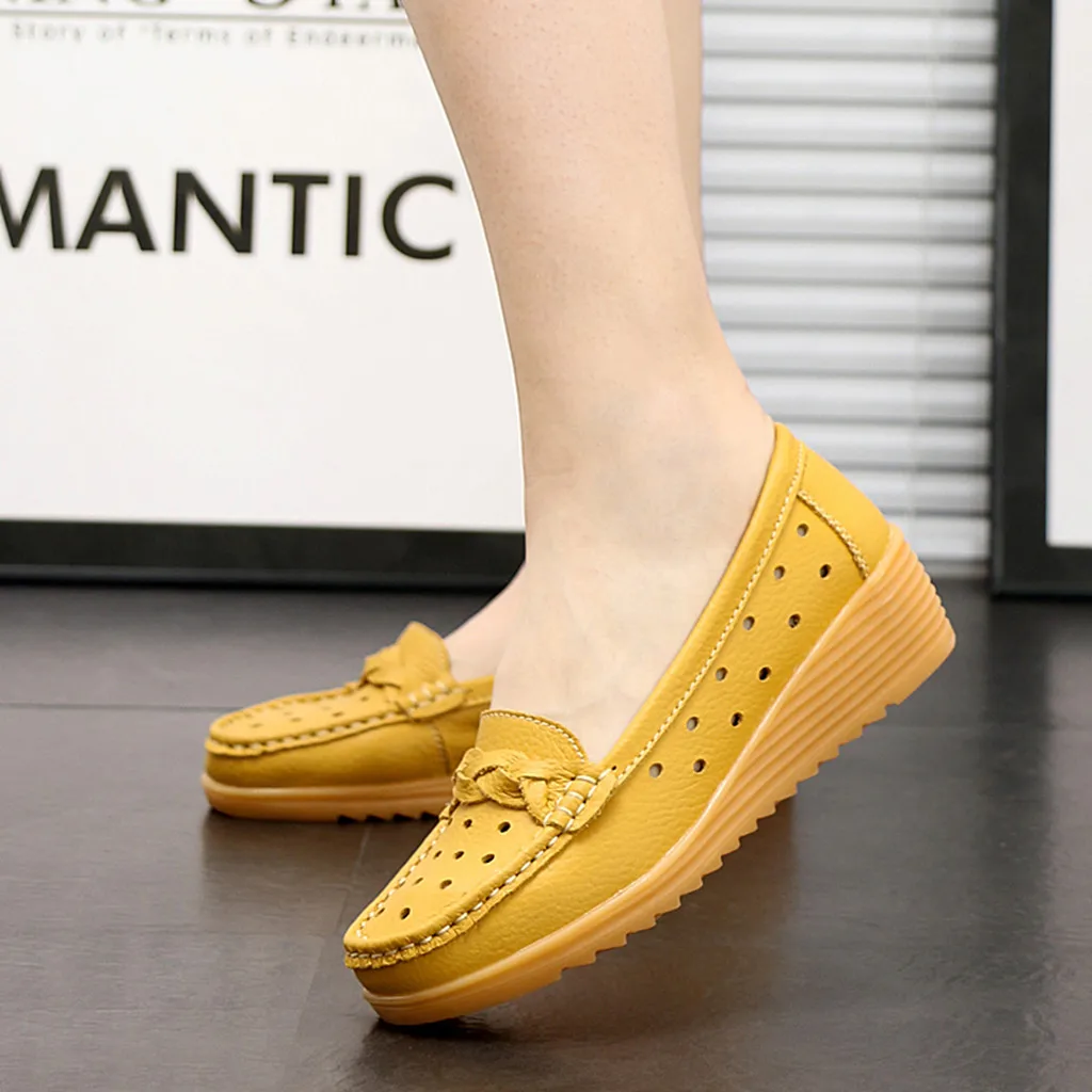 

Leather genuine leather flat sandals women Wedges Hollow Out Slip On Soft flat shoes woman warm women loafers flats ayakabi#G8