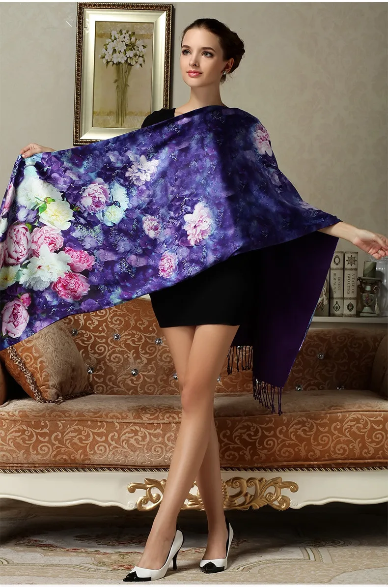 Новый стиль Для женщин Весна и осень печати двойной слой кисточкой 100% шелк прямоугольник костюм аксессуары Для женщин Шарфы и манишки