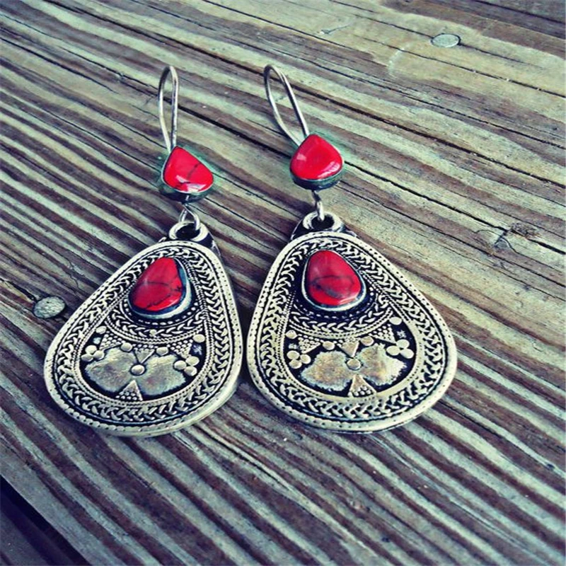 

Vintage Retro Red Water Drop Earrings for Women Boho Jewelry Ethnic Tibetan Long Drop Dangle Earrings Brincos Z3M004