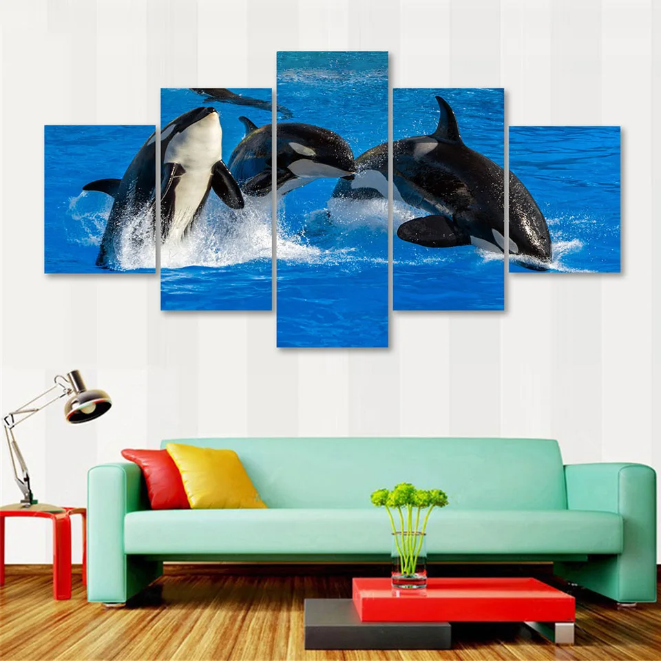 

HD Decorative Painting Wall Art Modular Pictures 5 PiecesPcs Animal Dolphin Framework Canvas For Living Room Bedroom Prints