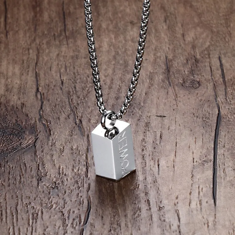 

LETAPI Men's "POWER" Words Necklace Sliver Color Stainless Steel Male Pendant Choker Jewelry