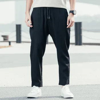 

Summer New Black Casual Pants Male Fashion Loose Straight Sweatpants Plus Fertilizer XL Men's Elastic Waist Nine Pants