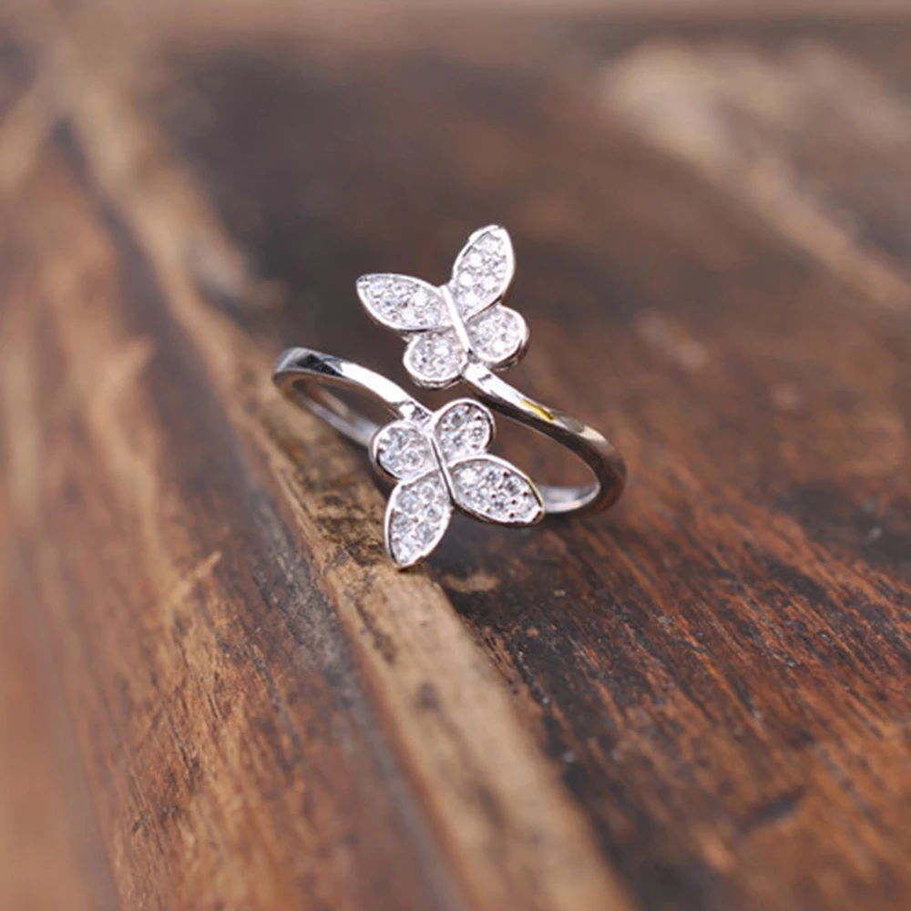 

2019 New Women Two Butterfly Silver Open Crystal Ring Adjustable Thumb Finger Butterflies Jewelry Gift495
