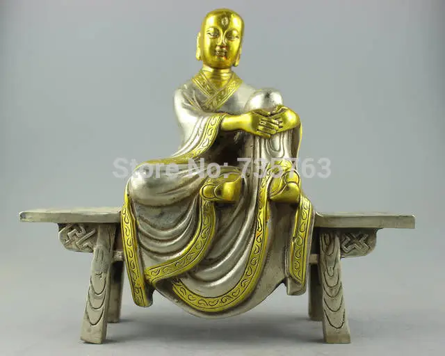 

xiuli 001191 Collectible Decorated Old Handwork Tibet Silver Gilt Carved Buddha Bench Statue