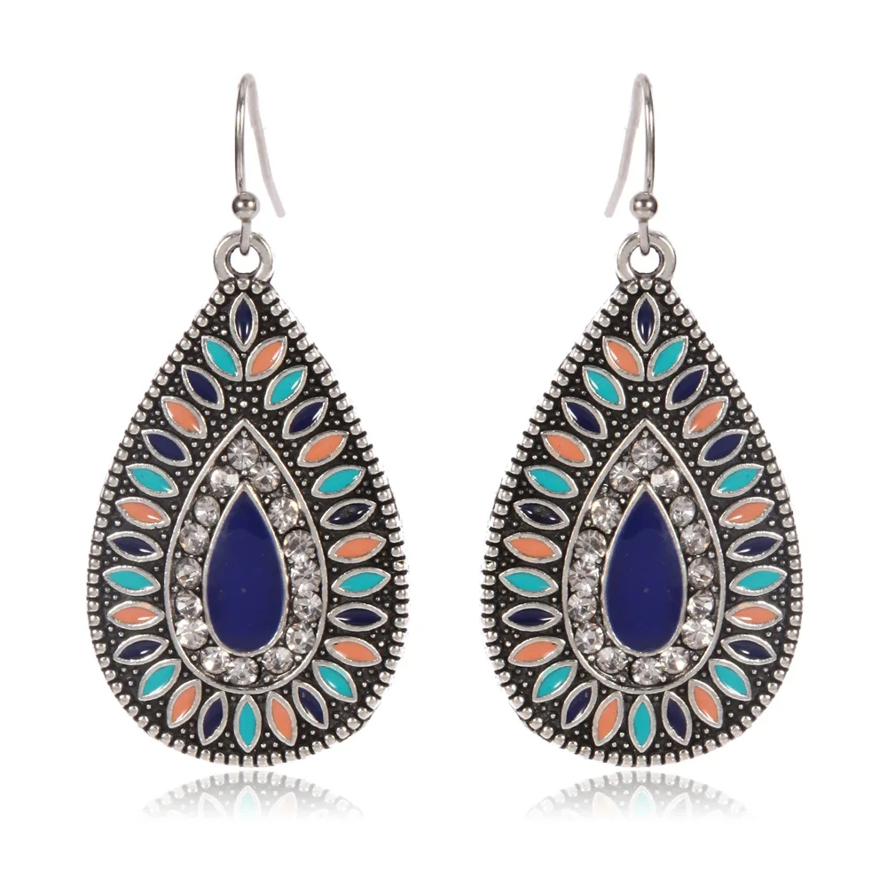 Western Big Water Drop Hook Earrings Color Enamel Antique Hanging