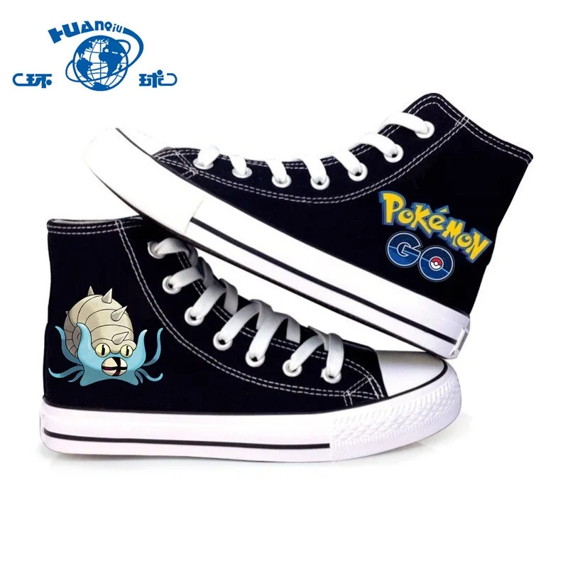 

New HUANQIU Shoes Pokemon Go Conch Omanyte Omastar Print Unisex High Top Black Casual Canvas Shoes Men Women