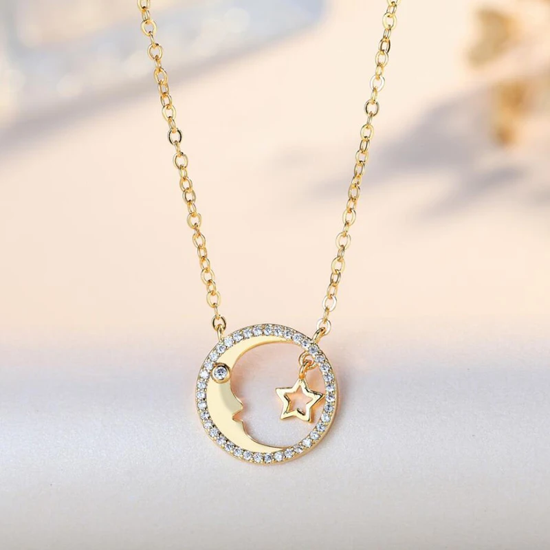 KOFSAC New Charm Gold Moon Star Necklaces For Women Jewelry Hot Crystal Round Clavicular Chain Girl Valentine's Day Accessories |