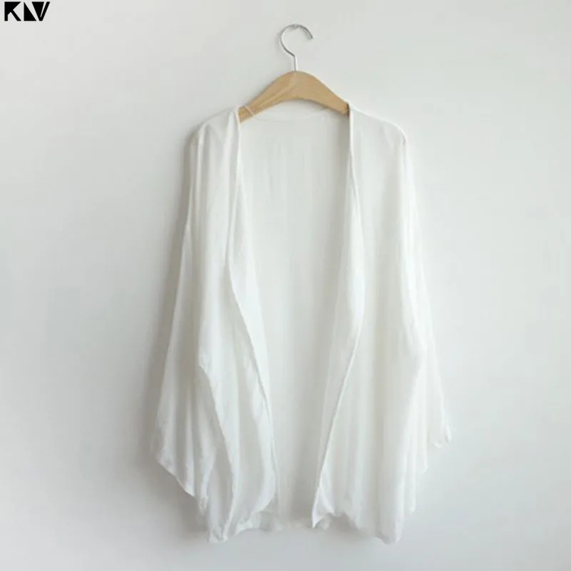 

KLV Summer Chiffon 3/4 Flare Sleeves Swimsuit Cover Up Semi See-Through Plain Solid Color Midi Kimono Plus Size Cardigan