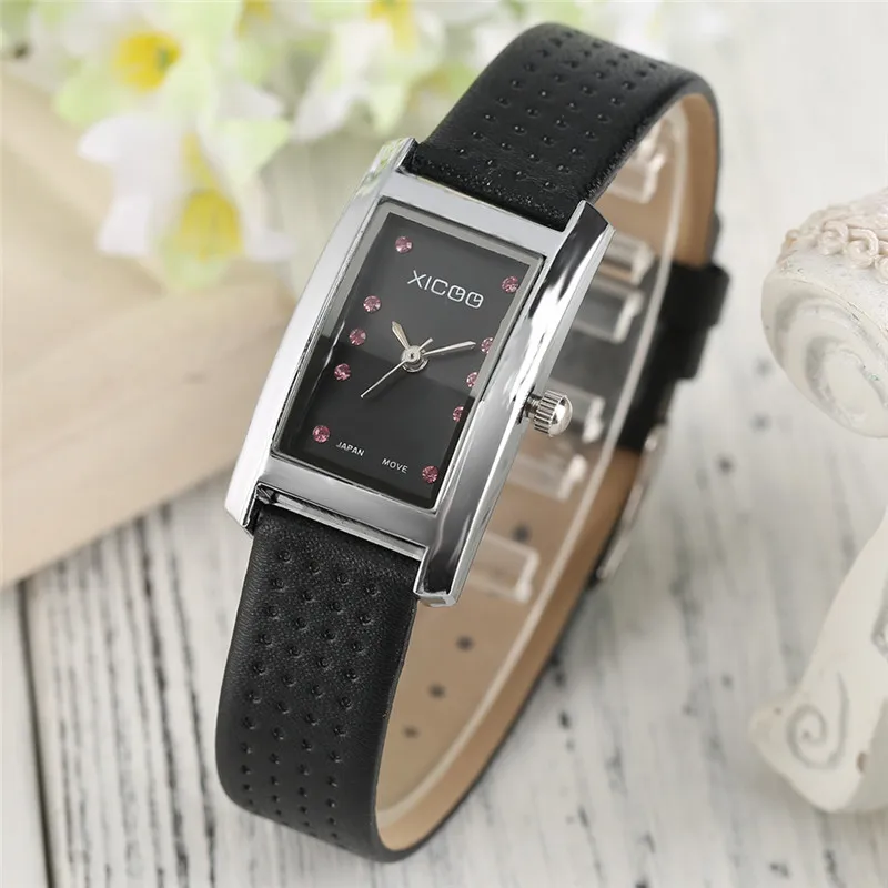 XICOO Elegant Rhinestones Design Ladies Dress Quartz Wristwatch Genuine Leather Band Trendy Women Watches Gift Reloj de damas