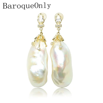 

BaroqueOnly 925 sterling silver handmake big baroque pearl earring AAAAA Zircon inlaid real natural freshwater irregular pearl