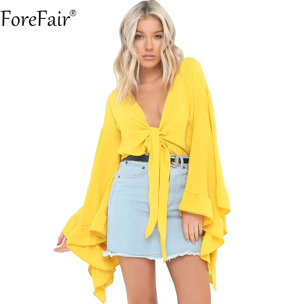 

ForeFair V Neck Flare Sleeve Chiffon Blouse Crop Tops Women Fashion Summer Big Sleeve V Neck Bow Tie Ruffles Sexy Loose Tops